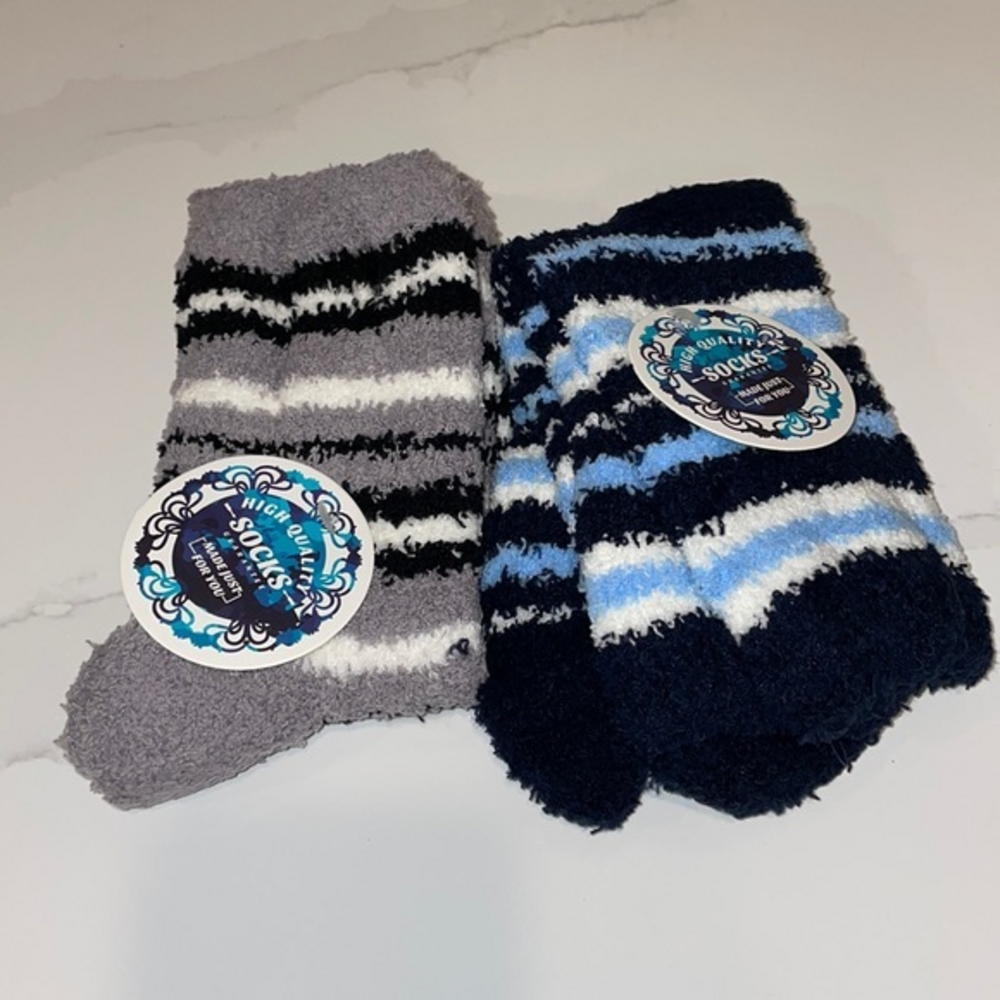 Fuzzy Slipper Gripper Socks Bundle Striped Two Pairs Grey Navy Women’s‎ 6-12 NWT